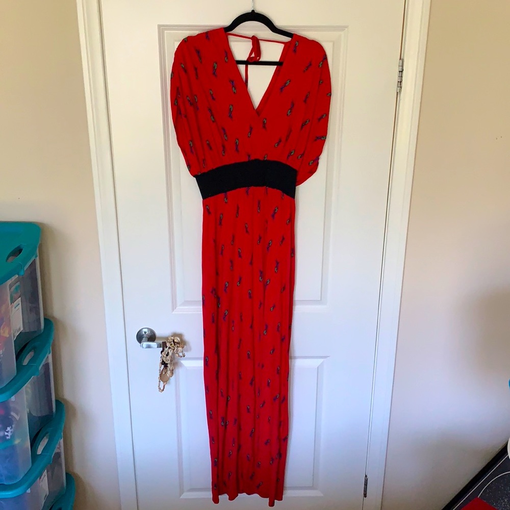 Bird print red Long maxi dress